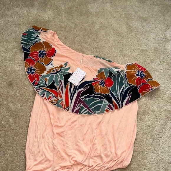 Free People Peach Floral One-Shoulder Blouse - Picture 2 of 4